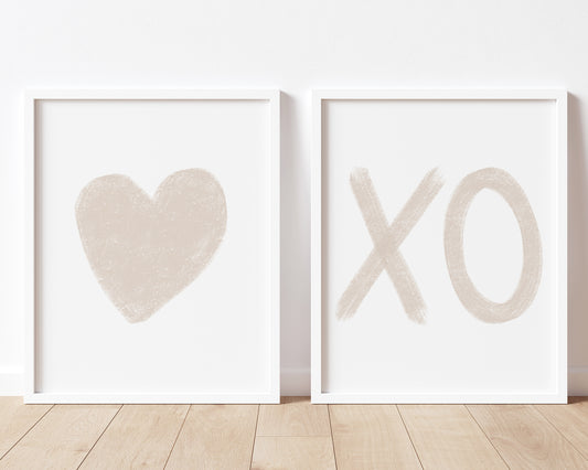 Neutral Tan Heart and XO Printable Wall Art Set of 2, Digital Download