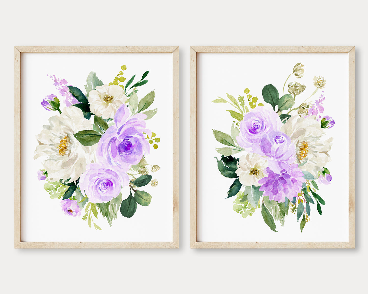 Watercolor Purple Peony Floral Bouquet Set of 2 Printable Wall Art, Digital Download