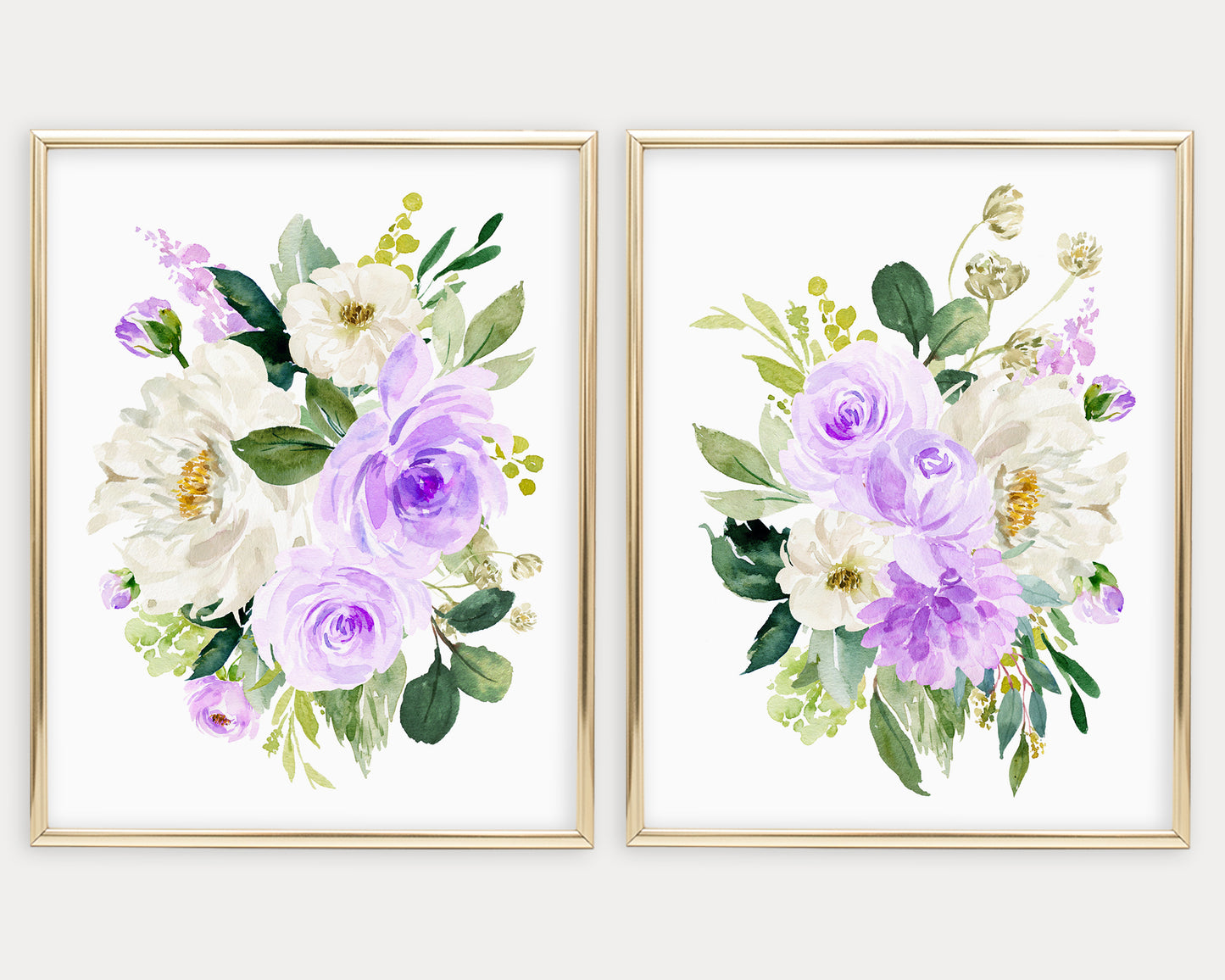 Watercolor Purple Peony Floral Bouquet Set of 2 Printable Wall Art, Digital Download