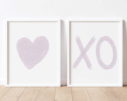 Lilac Heart and XO Printable Wall Art Set of 2, Digital Download
