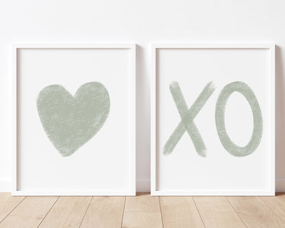 Sage Green Heart and XO Printable Wall Art Set of 2, Digital Download