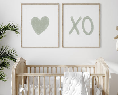 Sage Green Heart and XO Printable Wall Art Set of 2, Digital Download