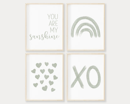 Sage green You Are My Sunshine, Rainbow, Hearts and XO in chalky brushstroke illlustration style perfect for Baby Nursery Décor, Little Boys Bedroom Wall Art, Toddler Girls Room Wall Hangings, Kiddos Bathroom Wall Art and Childrens Playroom Décor.