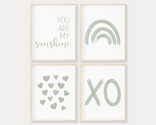 Sage green You Are My Sunshine, Rainbow, Hearts and XO in chalky brushstroke illlustration style perfect for Baby Nursery Décor, Little Boys Bedroom Wall Art, Toddler Girls Room Wall Hangings, Kiddos Bathroom Wall Art and Childrens Playroom Décor.