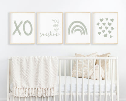 Sage green XO, You Are My Sunshine, Rainbow and Hearts in chalky brushstroke illlustration style perfect for Baby Nursery Décor, Little Boys Bedroom Wall Art, Toddler Girls Room Wall Hangings, Kiddos Bathroom Wall Art and Childrens Playroom Décor.