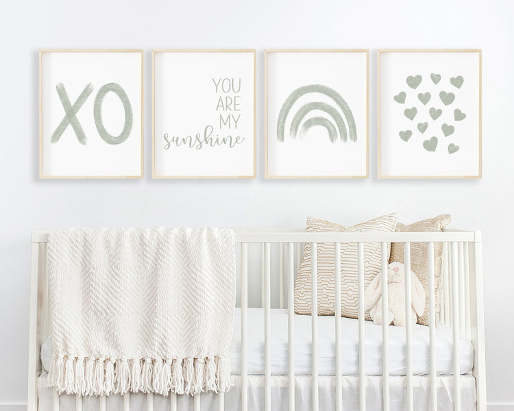 Sage green XO, You Are My Sunshine, Rainbow and Hearts in chalky brushstroke illlustration style perfect for Baby Nursery Décor, Little Boys Bedroom Wall Art, Toddler Girls Room Wall Hangings, Kiddos Bathroom Wall Art and Childrens Playroom Décor.