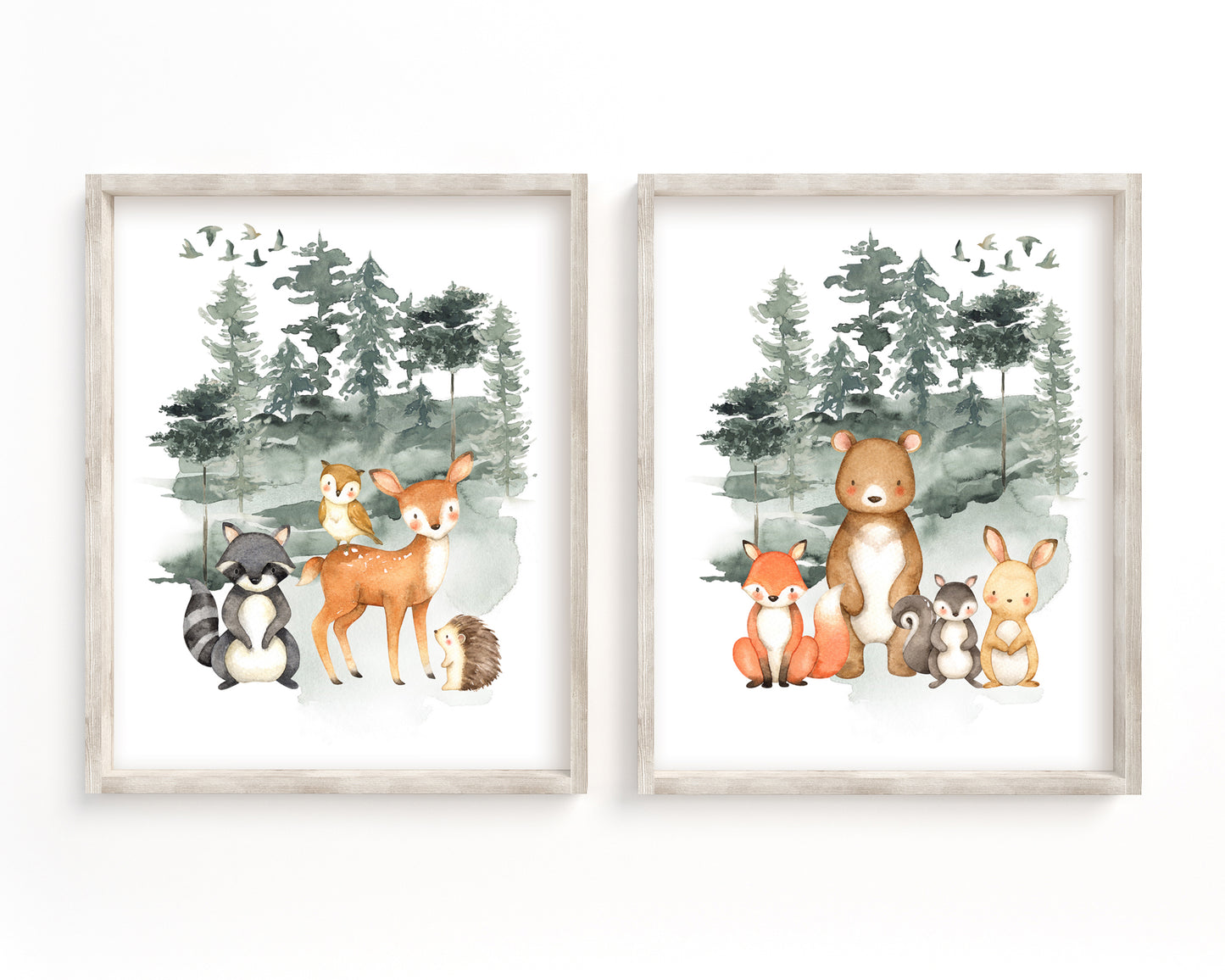 Watercolor Forest Animals Set of 2 Printable Wall Art, Digital Download
