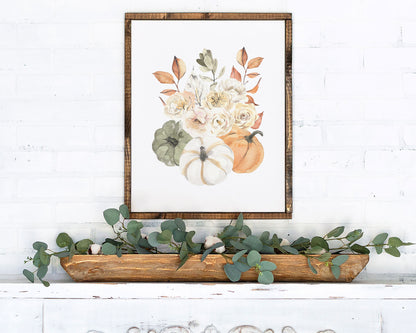 Watercolor Floral Pumpkins Printable Wall Art, Digital Download