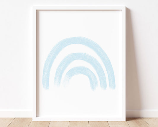 Baby blue rainbow in chalky brushstroke illlustration style perfect for Baby Nursery Décor, Little Boys Bedroom Wall Art, Toddler Girls Room Wall Hangings, Kiddos Bathroom Wall Art and Childrens Playroom Décor.