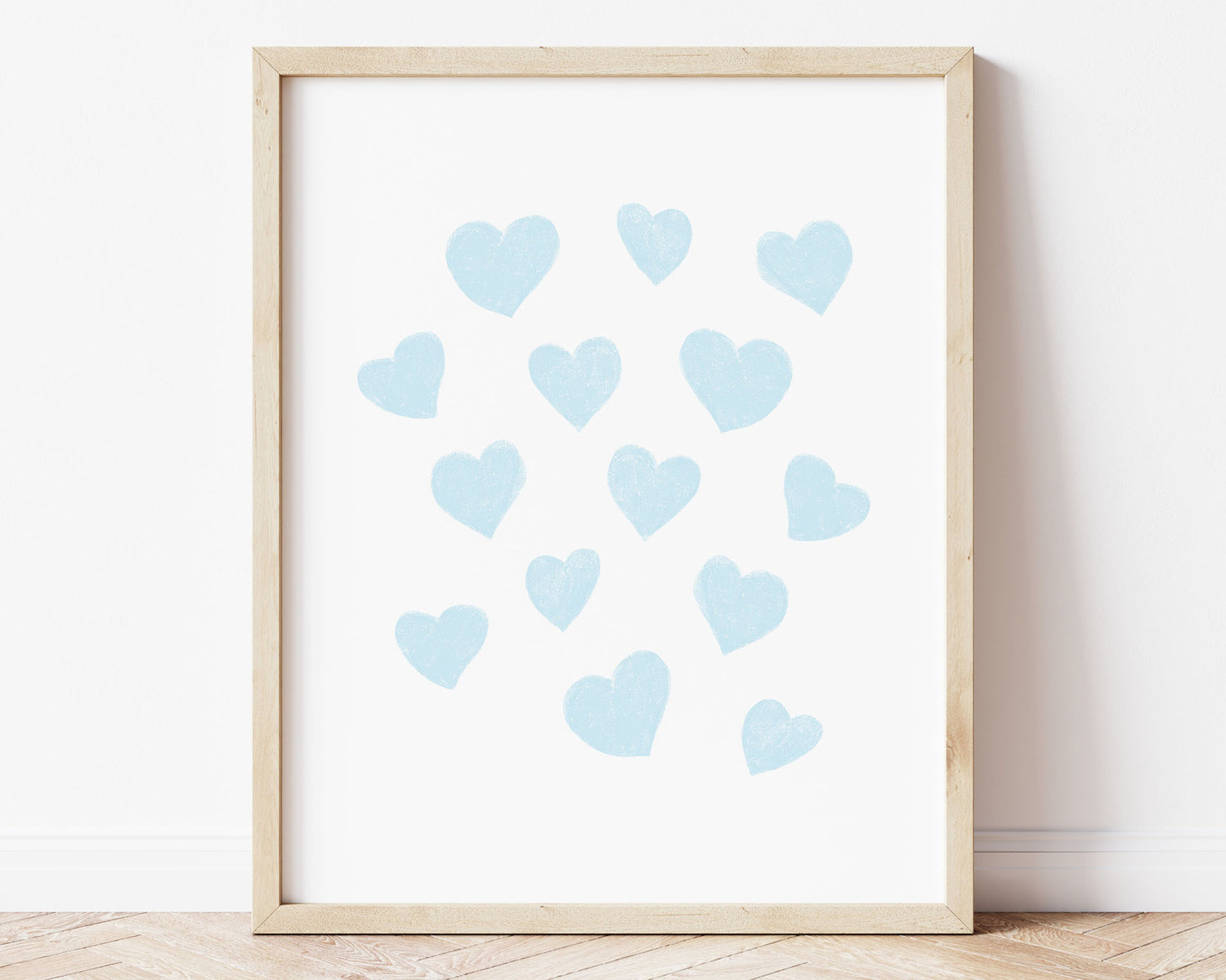 Baby blue small scattered hearts in chalky brushstroke illlustration style perfect for Baby Nursery Décor, Little Boys Bedroom Wall Art, Toddler Girls Room Wall Hangings, Kiddos Bathroom Wall Art and Childrens Playroom Décor.