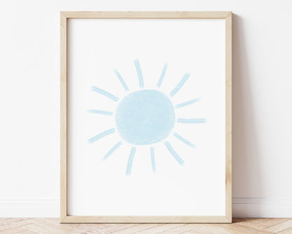 Baby blue abstract sun in chalky brushstroke illlustration style perfect for Baby Nursery Décor, Little Boys Bedroom Wall Art, Toddler Girls Room Wall Hangings, Kiddos Bathroom Wall Art and Childrens Playroom Décor.