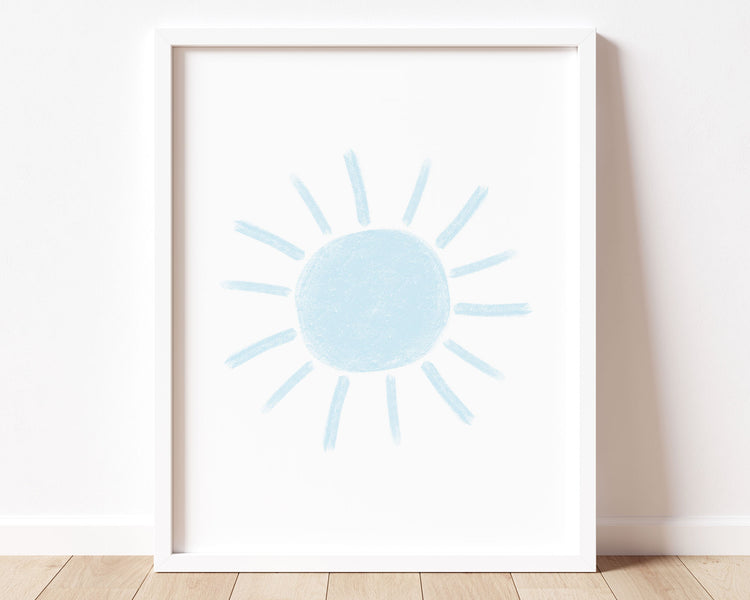 Baby blue abstract sun in chalky brushstroke illlustration style perfect for Baby Nursery Décor, Little Boys Bedroom Wall Art, Toddler Girls Room Wall Hangings, Kiddos Bathroom Wall Art and Childrens Playroom Décor.