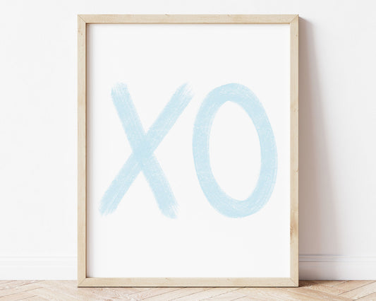 Baby blue XO in chalky brushstroke illlustration style perfect for Baby Nursery Décor, Little Boys Bedroom Wall Art, Toddler Girls Room Wall Hangings, Kiddos Bathroom Wall Art and Childrens Playroom Décor.