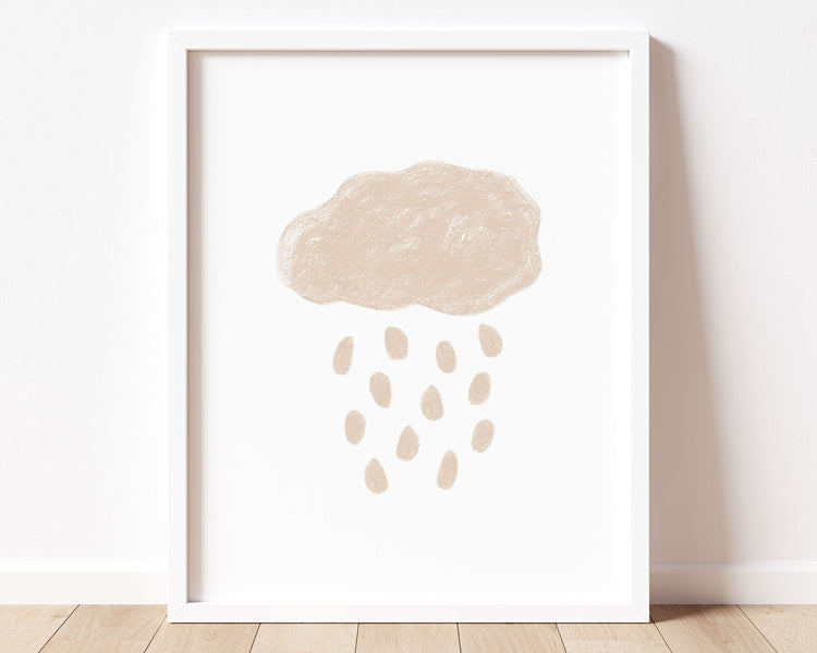 Neutral beige abstract cloud and rain in chalky brushstroke illlustration style perfect for Baby Nursery Décor, Little Boys Bedroom Wall Art, Toddler Girls Room Wall Hangings, Kiddos Bathroom Wall Art and Childrens Playroom Décor.