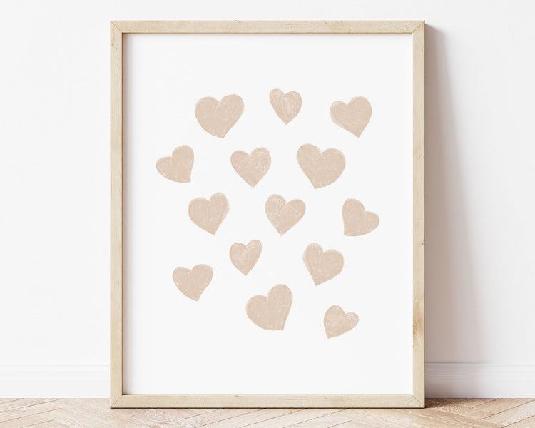 Neutral beige small scattered hearts in chalky brushstroke illlustration style perfect for Baby Nursery Décor, Little Boys Bedroom Wall Art, Toddler Girls Room Wall Hangings, Kiddos Bathroom Wall Art and Childrens Playroom Décor.