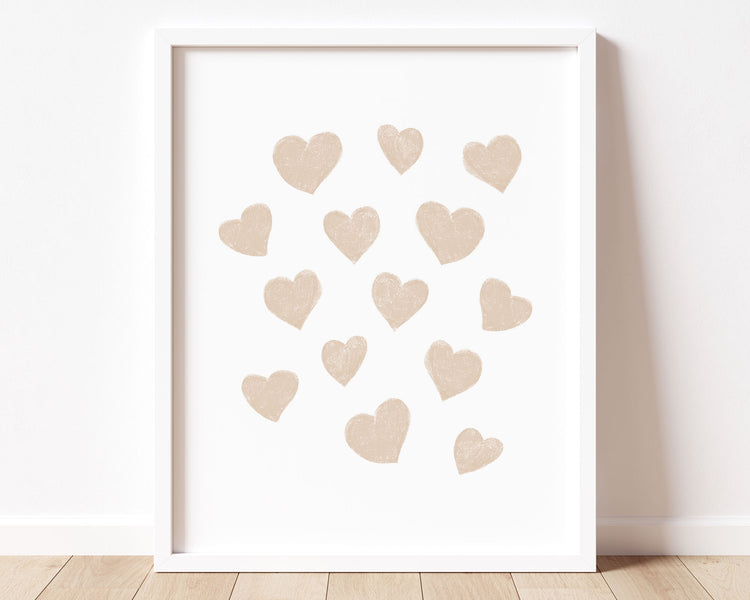 Neutral beige small scattered hearts in chalky brushstroke illlustration style perfect for Baby Nursery Décor, Little Boys Bedroom Wall Art, Toddler Girls Room Wall Hangings, Kiddos Bathroom Wall Art and Childrens Playroom Décor.