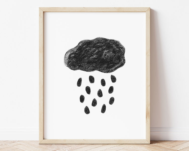 Black abstract cloud and rain in chalky brushstroke illlustration style perfect for Baby Nursery Décor, Little Boys Bedroom Wall Art, Toddler Girls Room Wall Hangings, Kiddos Bathroom Wall Art and Childrens Playroom Décor.