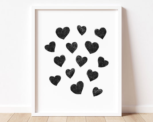 Black small scattered hearts in chalky brushstroke illlustration style perfect for Baby Nursery Décor, Little Boys Bedroom Wall Art, Toddler Girls Room Wall Hangings, Kiddos Bathroom Wall Art and Childrens Playroom Décor.