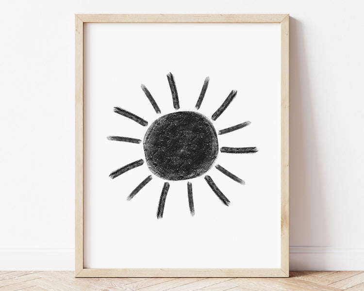 Black abstract sun in chalky brushstroke illlustration style perfect for Baby Nursery Décor, Little Boys Bedroom Wall Art, Toddler Girls Room Wall Hangings, Kiddos Bathroom Wall Art and Childrens Playroom Décor.