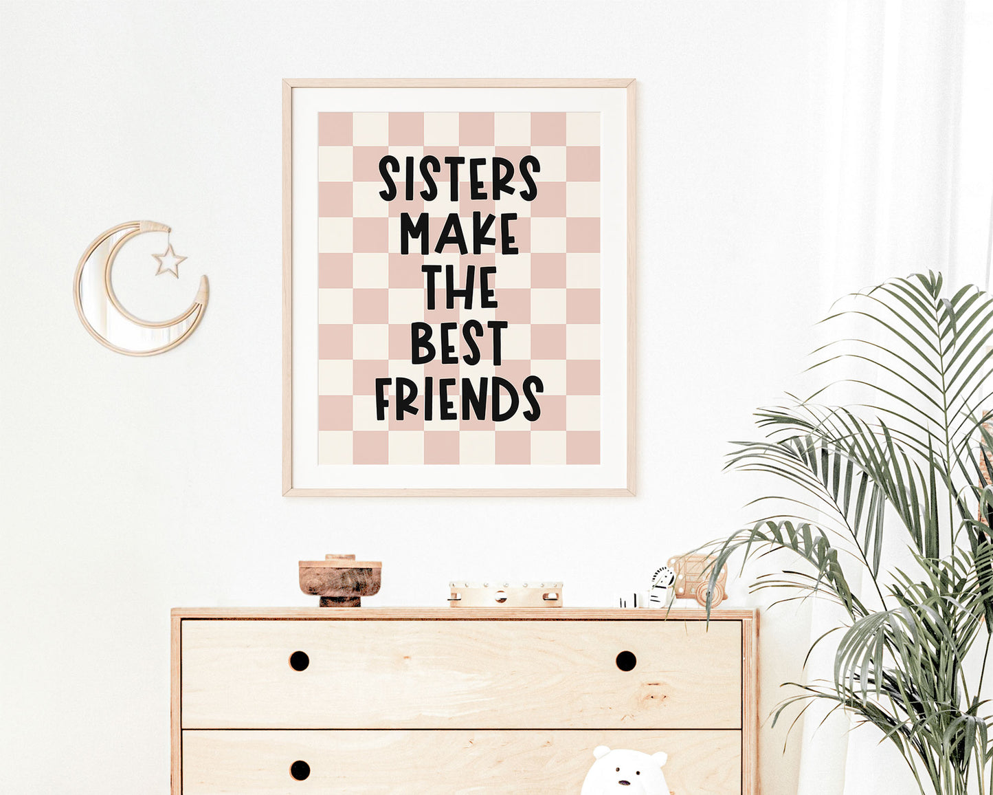 Sisters Make The Best Friends Instant Download Digital File featuring fun kids lettering in black on a blush pink and off white checkered background.