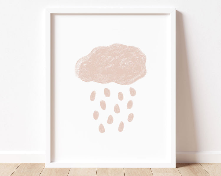 Blush pink abstract cloud and rain in chalky brushstroke illlustration style perfect for Baby Nursery Décor, Little Boys Bedroom Wall Art, Toddler Girls Room Wall Hangings, Kiddos Bathroom Wall Art and Childrens Playroom Décor.