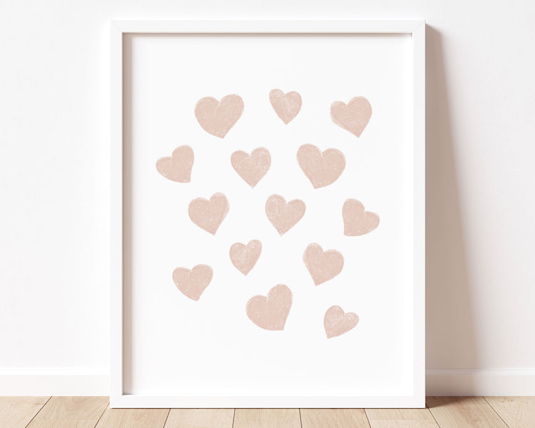 Blush pink small scattered hearts in chalky brushstroke illlustration style perfect for Baby Nursery Décor, Little Boys Bedroom Wall Art, Toddler Girls Room Wall Hangings, Kiddos Bathroom Wall Art and Childrens Playroom Décor.