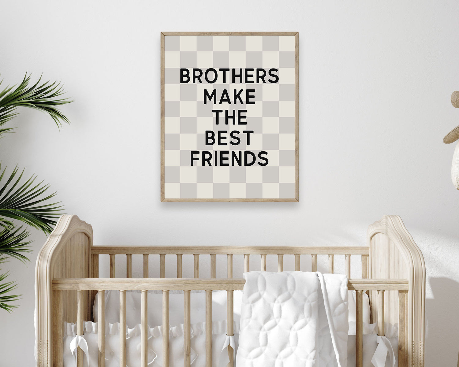 Brothers Make The Best Friends Instant Download Digital File featuring block lettering in black on a greige (pale gray / light beige) and off white checkered background. Perfect for Twin Baby Boys Nursery Decor, Toddler Boys Shared Bedroom Decor or Little Boys Playroom Wall Art.