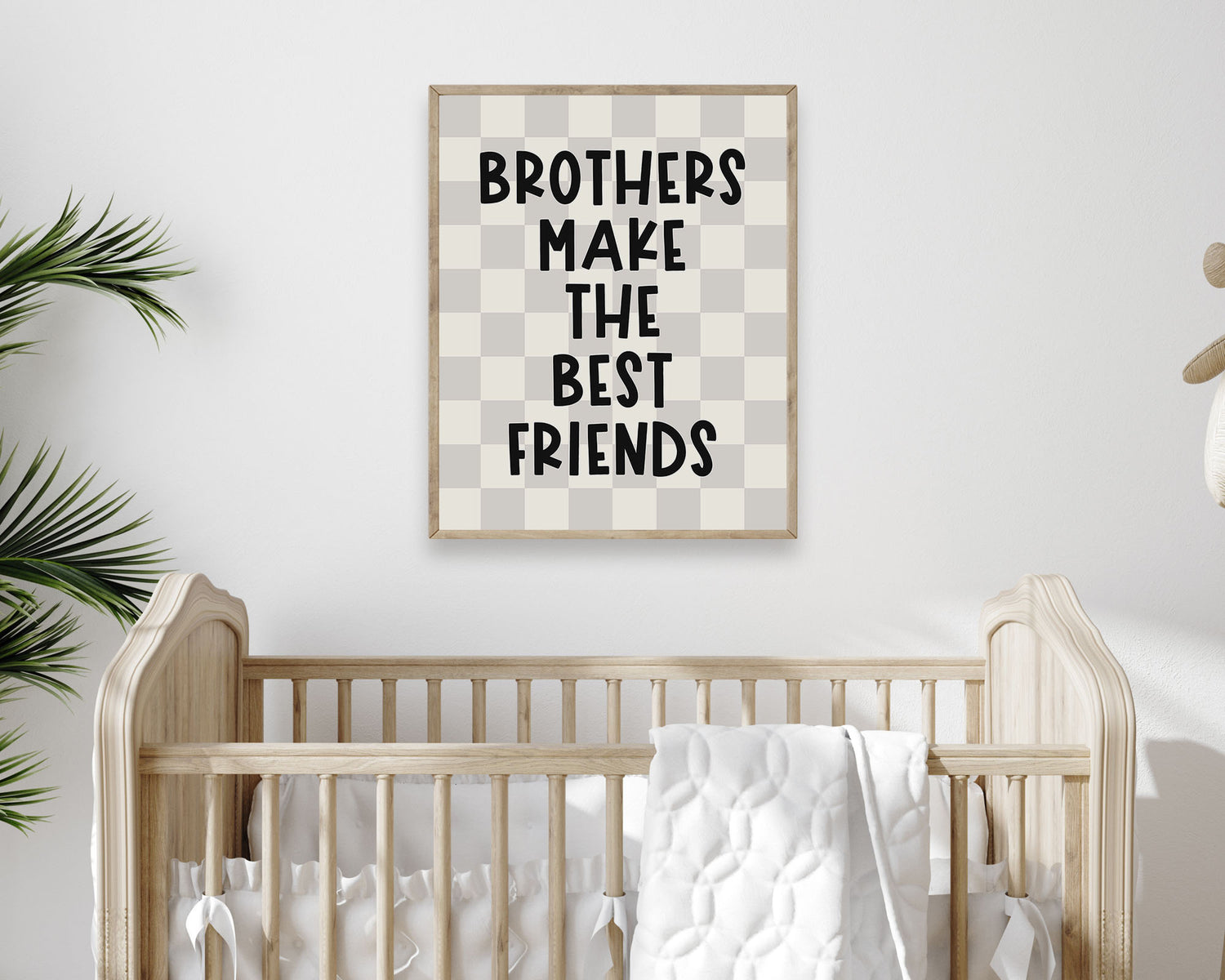 Brothers Make The Best Friends Instant Download Digital File featuring fun kids lettering in black on a greige (pale gray / light beige) and off white checkered background. Perfect for Twin Baby Boys Nursery Decor, Toddler Boys Shared Bedroom Decor or Little Boys Playroom Wall Art.