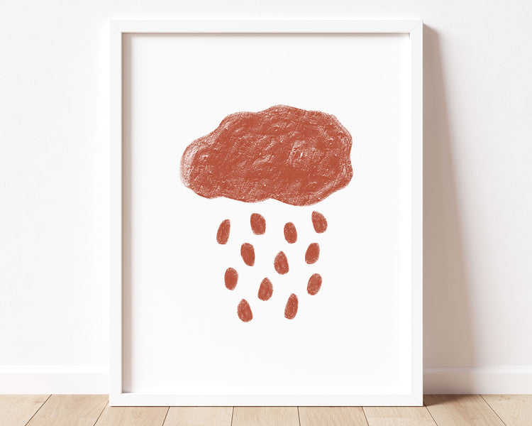 Burnt orange abstract cloud and rain in chalky brushstroke illlustration style perfect for Baby Nursery Décor, Little Boys Bedroom Wall Art, Toddler Girls Room Wall Hangings, Kiddos Bathroom Wall Art and Childrens Playroom Décor.