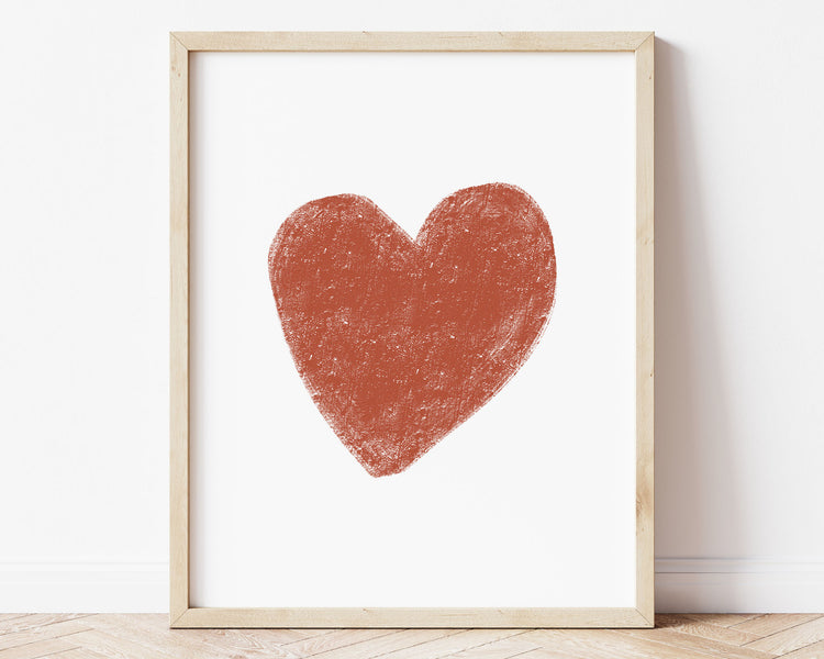 Burnt orange heart in chalky brushstroke illlustration style perfect for Baby Nursery Décor, Little Boys Bedroom Wall Art, Toddler Girls Room Wall Hangings, Kiddos Bathroom Wall Art and Childrens Playroom Décor.