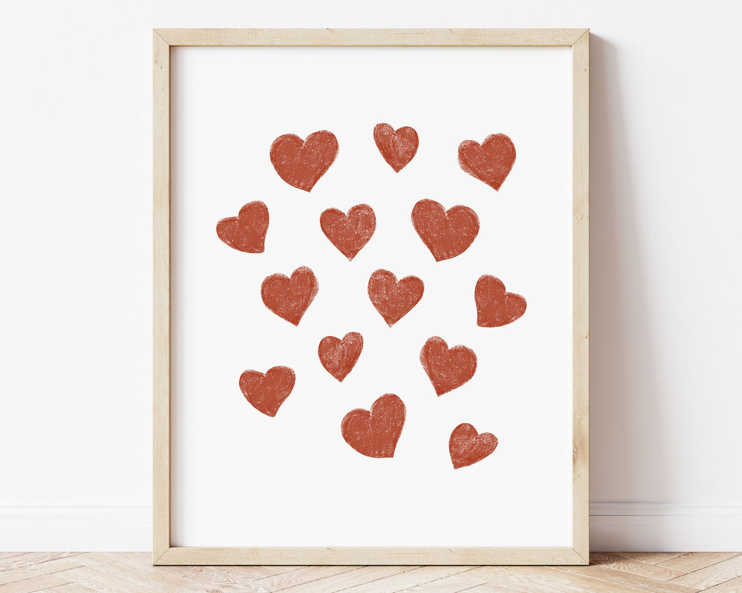 Burnt orange small scattered hearts in chalky brushstroke illlustration style perfect for Baby Nursery Décor, Little Boys Bedroom Wall Art, Toddler Girls Room Wall Hangings, Kiddos Bathroom Wall Art and Childrens Playroom Décor.
