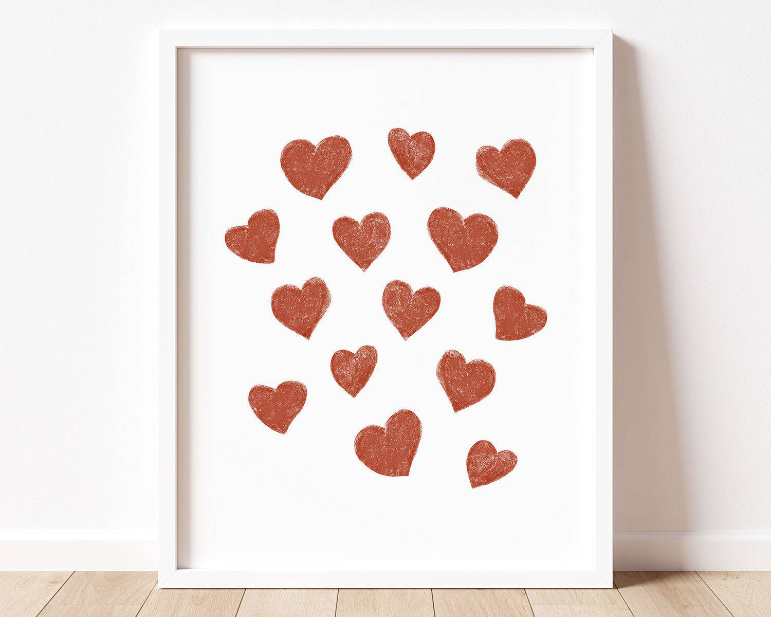 Burnt orange small scattered hearts in chalky brushstroke illlustration style perfect for Baby Nursery Décor, Little Boys Bedroom Wall Art, Toddler Girls Room Wall Hangings, Kiddos Bathroom Wall Art and Childrens Playroom Décor.