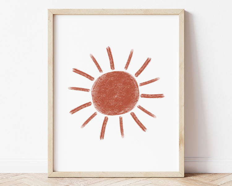 Burnt orange abstract sun in chalky brushstroke illlustration style perfect for Baby Nursery Décor, Little Boys Bedroom Wall Art, Toddler Girls Room Wall Hangings, Kiddos Bathroom Wall Art and Childrens Playroom Décor.