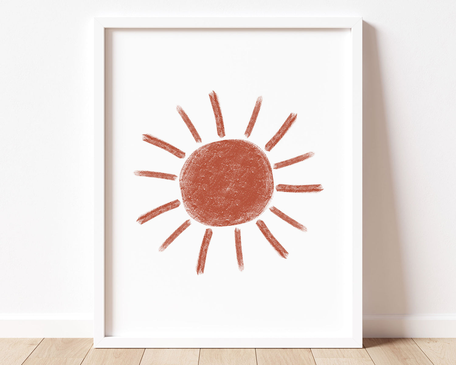 Burnt orange abstract sun in chalky brushstroke illlustration style perfect for Baby Nursery Décor, Little Boys Bedroom Wall Art, Toddler Girls Room Wall Hangings, Kiddos Bathroom Wall Art and Childrens Playroom Décor.