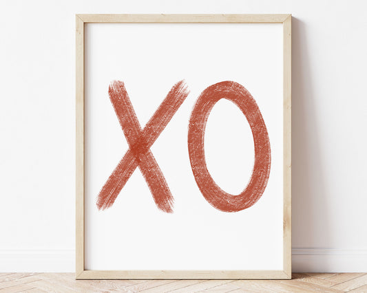 Burnt orange XO in chalky brushstroke illlustration style perfect for Baby Nursery Décor, Little Boys Bedroom Wall Art, Toddler Girls Room Wall Hangings, Kiddos Bathroom Wall Art and Childrens Playroom Décor.