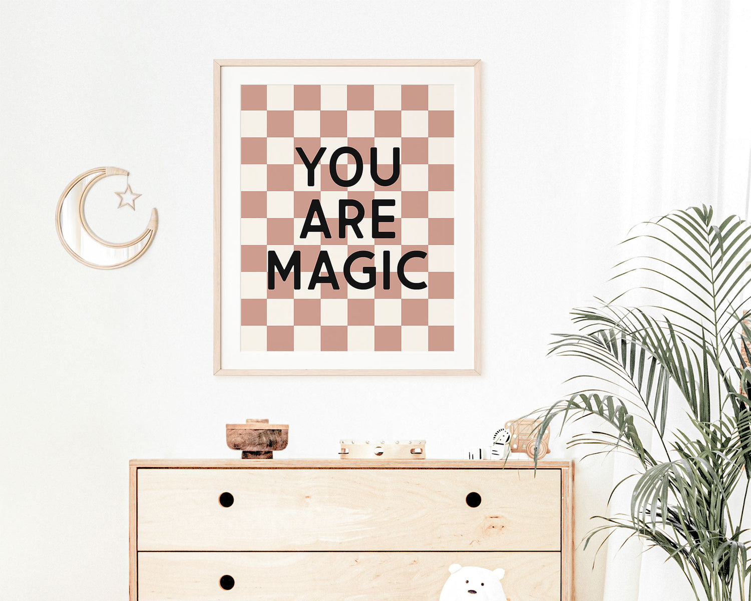 You Are Magic Instant Download Digital File featuring block lettering in black on an dusky rose and off white checkered background. Perfect for Baby Girls Nursery Decor, Toddler Girly Bedroom Decor or Little Girl Playroom Wall Art.