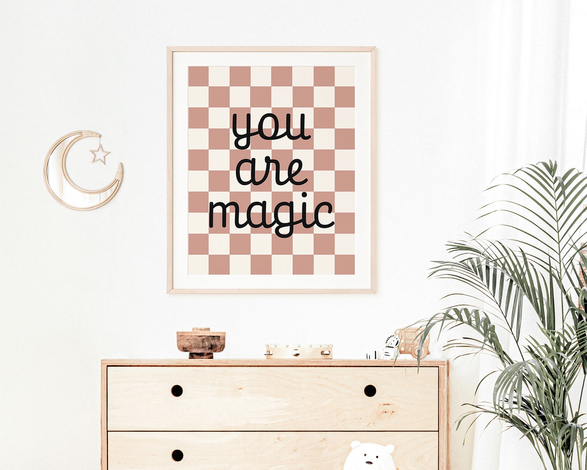You Are Magic Instant Download Digital File featuring cursive script lettering in black on an dusky rose and off white checkered background. Perfect for Baby Girls Nursery Decor, Toddler Girly Bedroom Decor or Little Girl Playroom Wall Art.