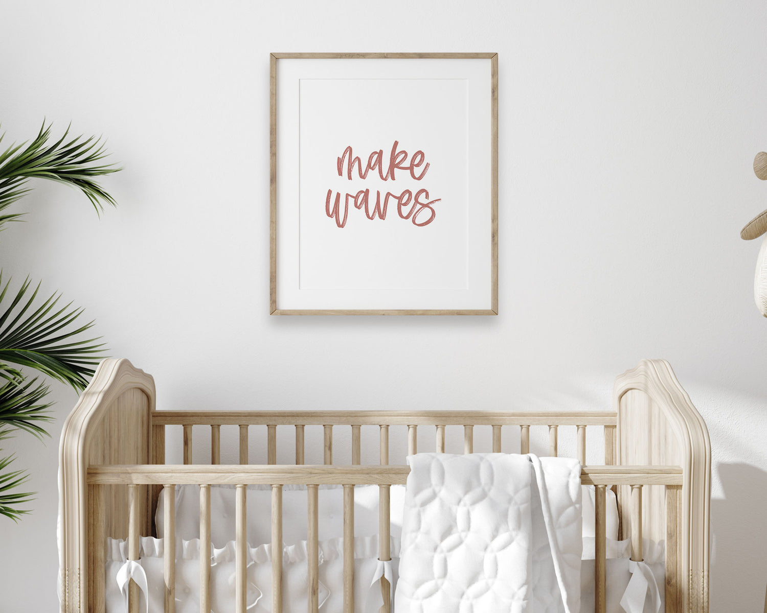 Dusty Rose Make Waves Printable Wall Art featuring a textured brush style cursive lettered quote perfect for Baby Boy Nautical Nursery Decor, Baby Girl Surf Nursery Wall Art, Nautical Kids Bedroom Decor or Children's Coastal Bathroom Wall Art.