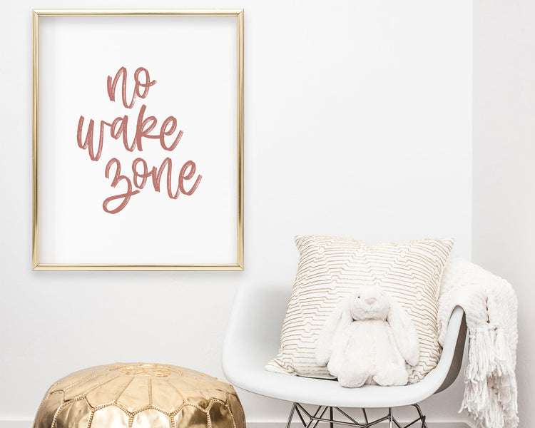 Dusty Rose No Wake Zone Printable Wall Art featuring a textured brush style cursive lettered quote perfect for Baby Girl Nautical Nursery Decor, Baby Girl Surf Nursery Wall Art, Nautical Kids Bedroom Decor or Children's Coastal Wall Art.