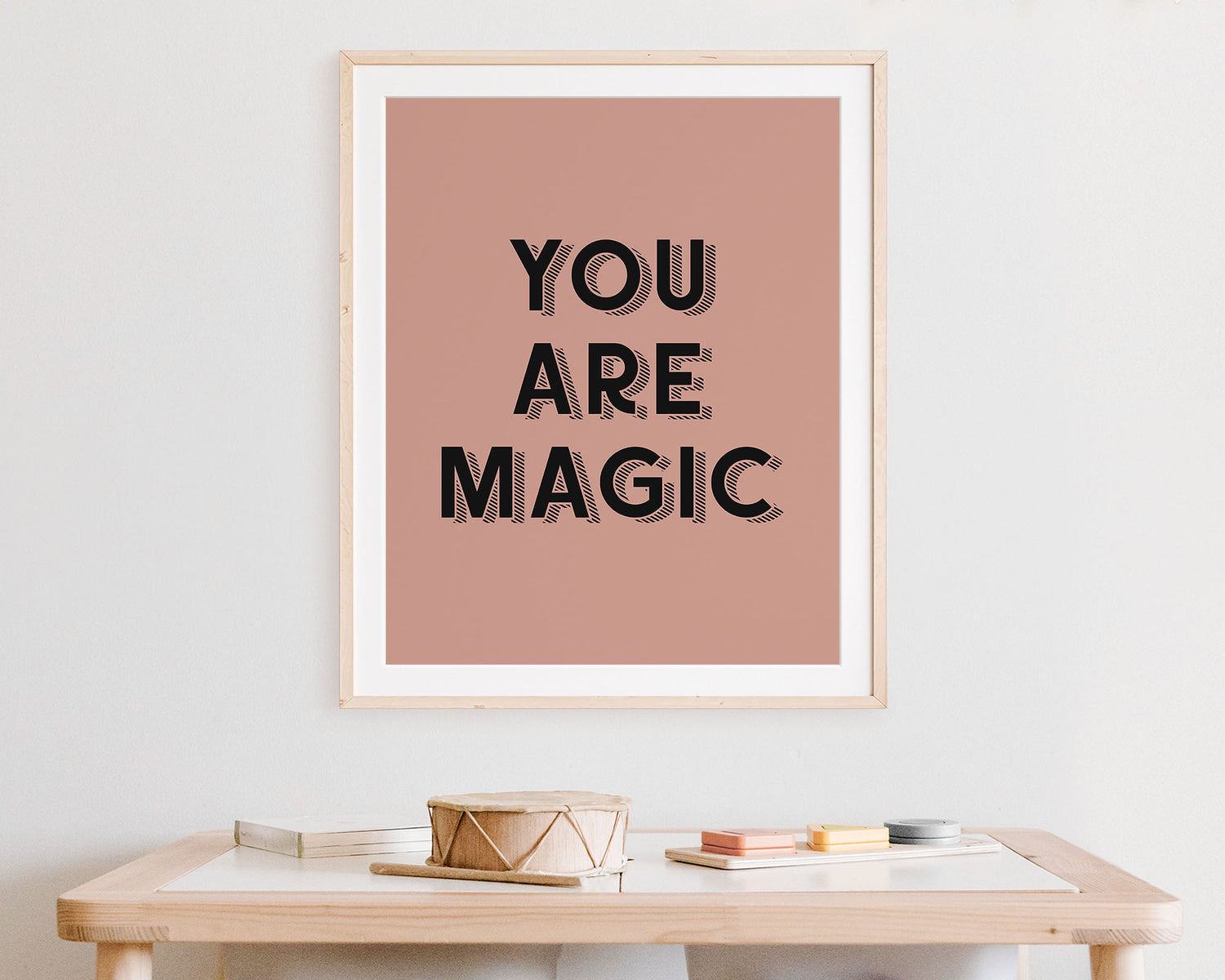 You Are Magic Instant Download Digital File featuring retro block shadowed lettering in black on an dusky rose background. Perfect for Baby Girls Nursery Decor, Toddler Girly Bedroom Decor or Little Girl Playroom Wall Art.