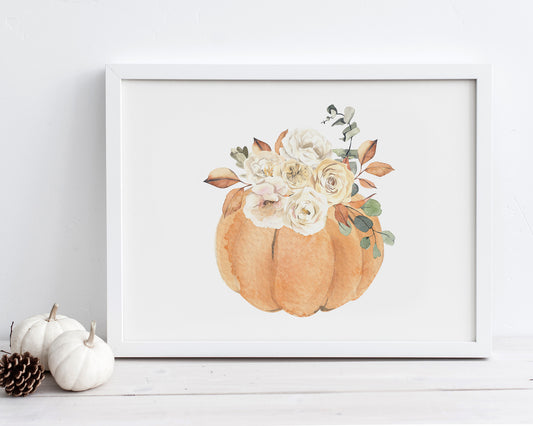 Horizontal Watercolor Floral Pumpkin Printable Wall Art, Digital Download