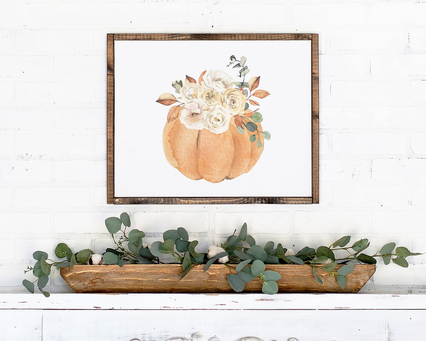 Horizontal Watercolor Floral Pumpkin Printable Wall Art, Digital Download