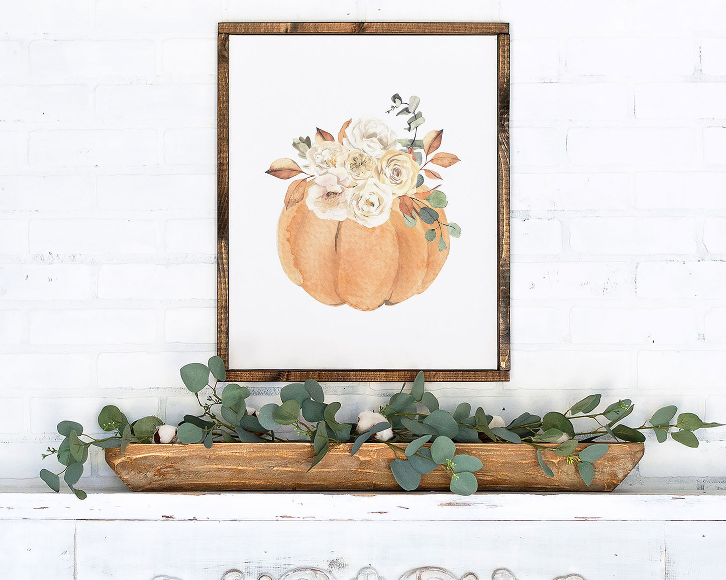 Watercolor Floral Pumpkin Printable Wall Art, Digital Download