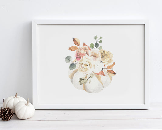 Horizontal Watercolor White Floral Pumpkin Printable Wall Art, Instant Digital Download