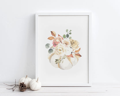 Watercolor White Floral Pumpkin Printable Wall Art, Instant Digital Download