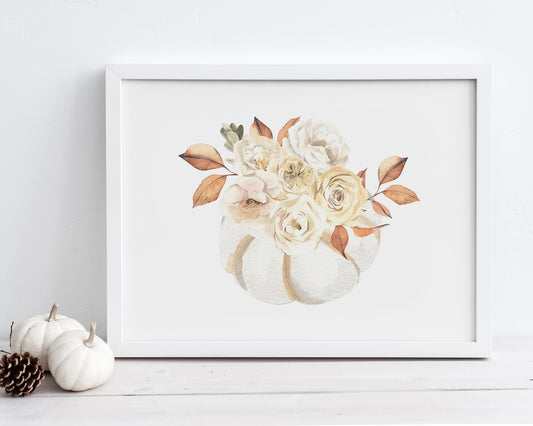 Horizontal Watercolor Flowers and White Pumpkin Printable Wall Art, Digital Download