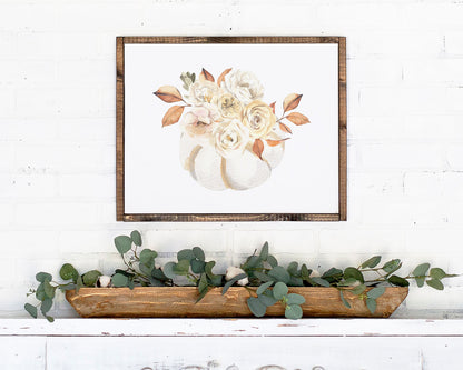Horizontal Watercolor Flowers and White Pumpkin Printable Wall Art, Digital Download
