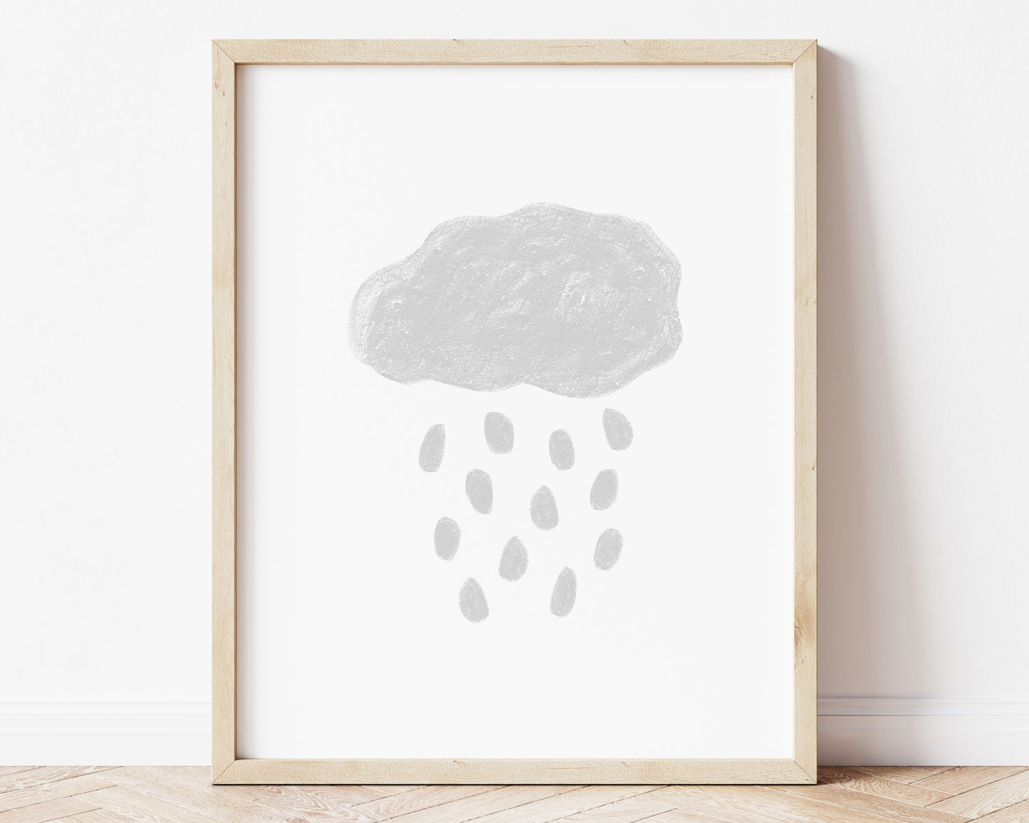 Pale silver gray abstract cloud and rain in chalky brushstroke illlustration style perfect for Baby Nursery Décor, Little Boys Bedroom Wall Art, Toddler Girls Room Wall Hangings, Kiddos Bathroom Wall Art and Childrens Playroom Décor.