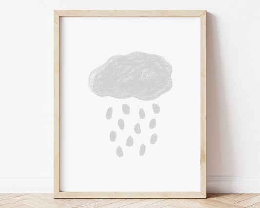 Pale silver gray abstract cloud and rain in chalky brushstroke illlustration style perfect for Baby Nursery Décor, Little Boys Bedroom Wall Art, Toddler Girls Room Wall Hangings, Kiddos Bathroom Wall Art and Childrens Playroom Décor.