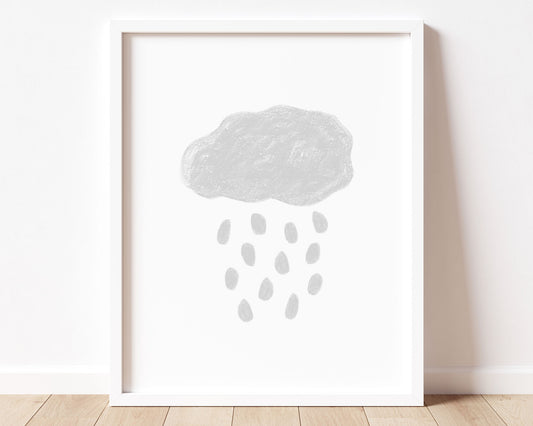 Pale silver gray abstract cloud and rain in chalky brushstroke illlustration style perfect for Baby Nursery Décor, Little Boys Bedroom Wall Art, Toddler Girls Room Wall Hangings, Kiddos Bathroom Wall Art and Childrens Playroom Décor.